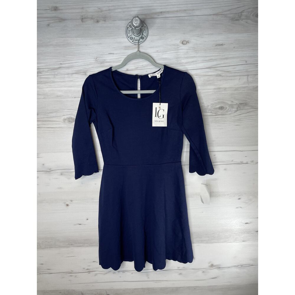 Lola Grace Navy Fit & Flare Scallop Hem Dress 3/4 Sleeve Small KDR102385-VM